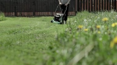 Evinin arka bahçesinde çim biçen bir adam. Çim biçme makinesi olan adam..