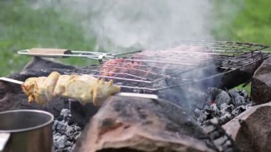 Bir sürü sulu et parçası ızgara kebap. Et parçalarını ızgaradaki metal bir şişe as. Doğada yemek pişirmek.