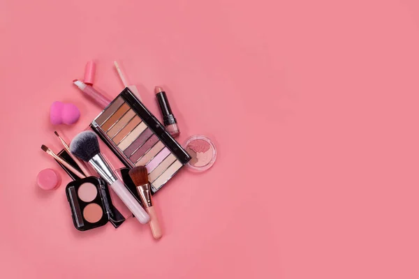 Professional Makeup Tools Products Makeup Pink Background Set Various Products — Stock Photo, Image