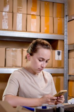 Genç girişim küçük girişimci kadın akıllı telefonuyla çalışıyor evde, internet sektöründe, ekomünikasyon ve teslimat konseptinde..