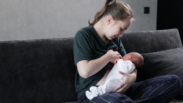 若い愛する母親はソファーに座って 乳児の新生児を養う — ストック動画