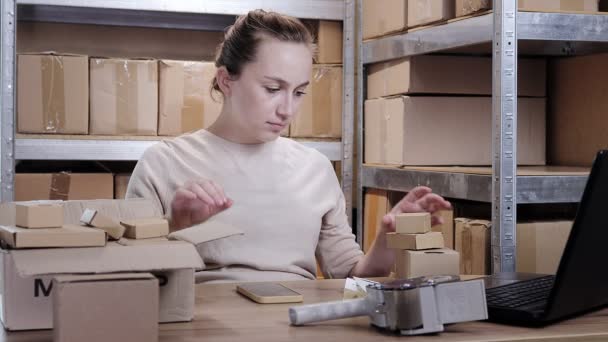倉庫の女性が段ボール箱を開け 商品を見て在庫を作る マーチャンダイザーは ボックス内のアイテムを繰り返します — ストック動画