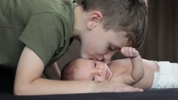 Der Ältere Bruder Küsst Seinen Neugeborenen Bruder Auf Die Wange — Stockvideo