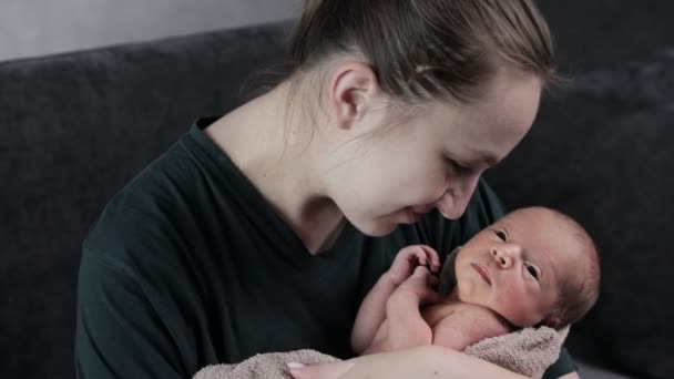 Mutter Hält Ein Neugeborenes Baby Auf Dem Arm Junge Mutter — Stockvideo
