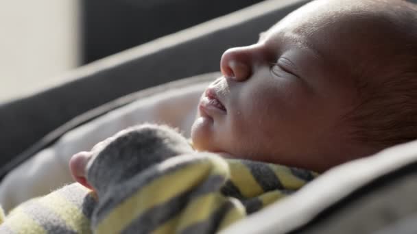 新生儿在睡觉 快乐的家庭孩子梦想的概念 可爱的生活方式新生儿睡得很近 — 图库视频影像