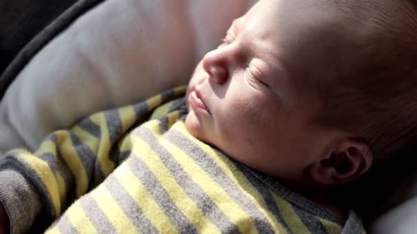 Das Baby Wacht Aus Dem Schlaf Auf Neugeborenes Baby Schläft — Stockvideo