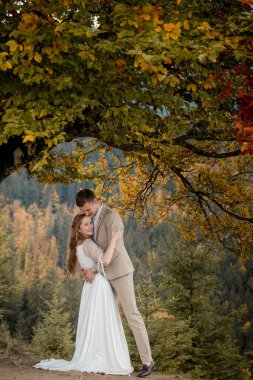 Şık damat güneş ışığında mutlu gelini kucaklıyor, romantik an, boho düğün çifti.
