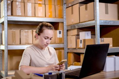 Genç girişim küçük girişimci kadın akıllı telefonuyla çalışıyor evde, internet sektöründe, ekomünikasyon ve teslimat konseptinde..