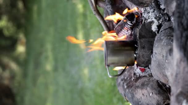 Doğada Kamp Ateşinin Yanında Dolu Bir Kupa Gezgin Adamın Eli — Stok video