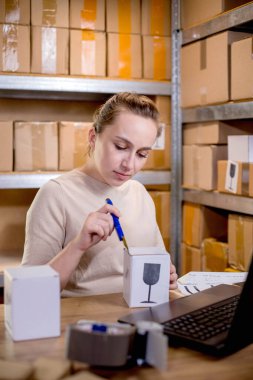 Kadın bir kutuda kırılgan bir ürün açıyor. Kutuları olan bir depo. Küçük işletme.