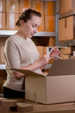 Kadın kutuda eşyaları kontrol ediyor. Posta hizmeti ve küçük işletme kavramı.