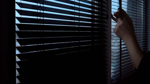 Her Hand Woman Turns One Levers Controlling Wooden Blinds Window — Stock Video