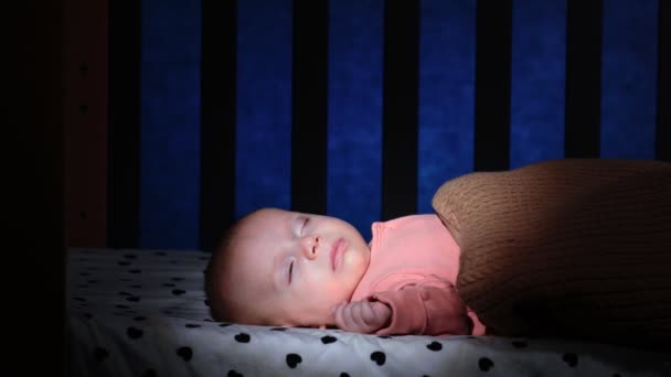 Cute Little Baby Sleeping Cradle Home Night — Stock Video