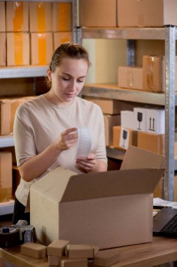 Kadın kutuda eşyaları kontrol ediyor. Posta hizmeti ve küçük işletme kavramı.