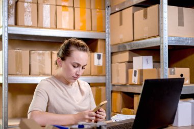 Evde çalışan genç girişimci küçük işletme akıllı telefondan internet siparişlerini kontrol ediyor ve müşterilere teslim edilecek kutulu eşyalar hazırlıyor.