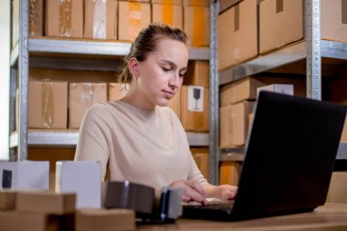 İnternetteki kadın depo işçisi dizüstü bilgisayar kullanıyor. Paket kutuları hazırlıyor. Çevrimiçi perakende satış işlemlerini kontrol ediyor.