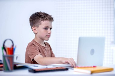 Küçük çocuk ev ödevi olarak dizüstü bilgisayar kullanıyor. Uzaklık eğitimi