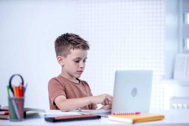Bilgisayarlı okul çocuğu öğretmen ve sınıf grubuyla görüntülü konuşma yapıyor. Çocuk evden ders çalışıyor. Evde eğitim. Eğitim için modern aletler. Ekran zaman kontrolü. Çevrimiçi uzak öğrenim