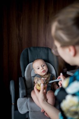 Mother feeding her son in a high chair. Baby's first complementary food. clipart