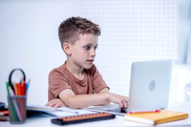 Bilgisayarlı okul çocuğu öğretmen ve sınıf grubuyla görüntülü konuşma yapıyor. Çocuk evden ders çalışıyor. Evde eğitim. Eğitim için modern aletler. Ekran zaman kontrolü. Çevrimiçi uzak öğrenim