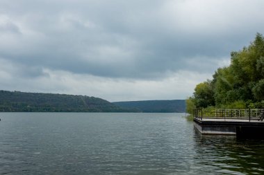 Kıyısında kozalaklı ağaçlar yetiştiren pitoresk bir kanyon nehri. Nehrin üzerinde mavi gökyüzü. Doğal manzara..