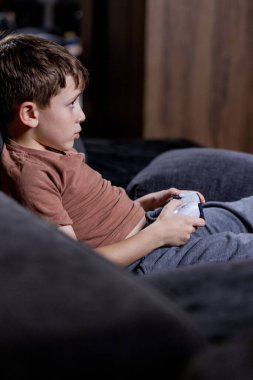 Oğlan evdeki kanepede oturup oyun oynuyor.