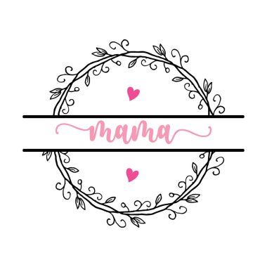 Çiçeksel çerçeve çizimi illüstrasyonunda MAMA sözcüğüyle mutlu anneler günü kartı  