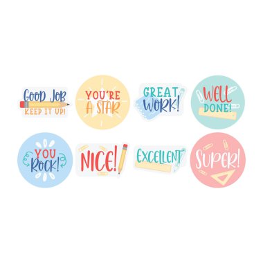 Öğretmenler Günü etiketleri, ilham verici yazılar, kırtasiye malzemeleri, vektör çizimleri. 