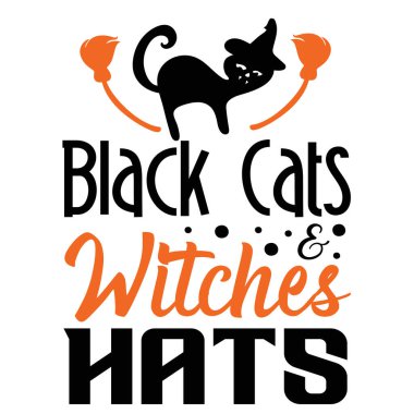Siyah şapkalı cadılar tipografik vektör tasarımı, izole edilmiş metin, harf kompozisyonu   