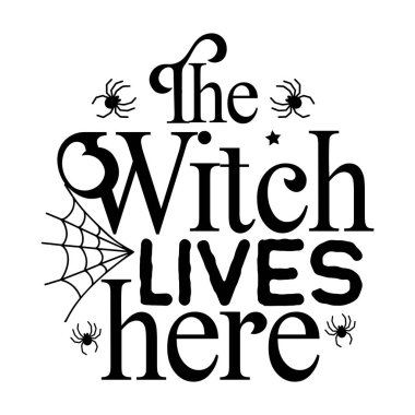 Cadı burada tipografik vektör tasarımı, izole metin, harf kompozisyonu   