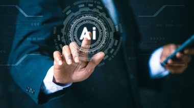 Technology and people concept man use AI to help work, AI Learning and Artificial Intelligence Concept. Business, modern technology, internet and networking concept. AI technology in everyday life.