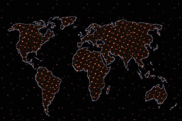 带心脏图案的世界地图设计 地球与大陆 欧洲和美洲 亚洲和澳大利亚地图 平面地图模板 用于网站模式 Anual报告 指南针 — 图库照片