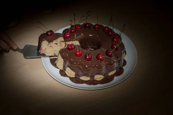 Strona Główna Wiśniowy Tort Urodzinowy Koncepcja Baner Piekarniczy — Zdjęcie stockowe