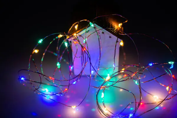 Small Decorative Model Houses Christmas Lights — Stock Photo, Image