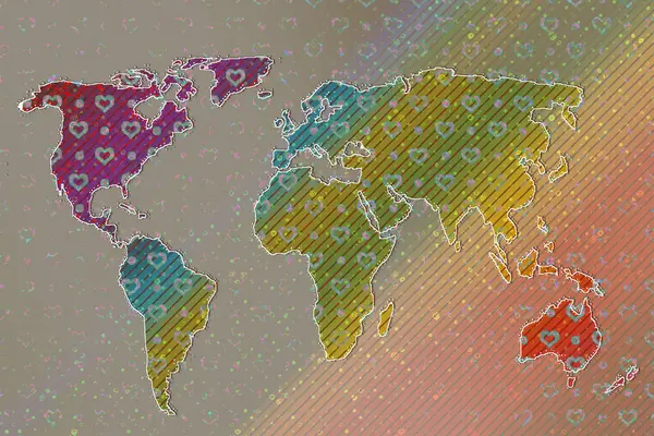 Дизайн Карти Світу Картинками Серця Земля Континентами Карта Євро Америки — стокове фото