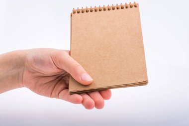Beyaz arka planda kahverengi spiral bir defter tutuyor.