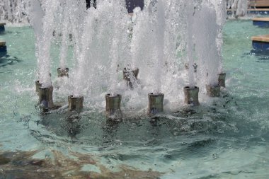 Çeşmeler parktaki bir havuzda köpüklü su fışkırtıyor.