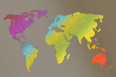 Dünya haritası tasarımı. Kıtalarla dolu bir dünya. Avrupa ve Amerika haritası, Asya ve Avustralya. Web sitesi şablonu için düz dünya haritası şablonu, yıllık rapor, infografikler.