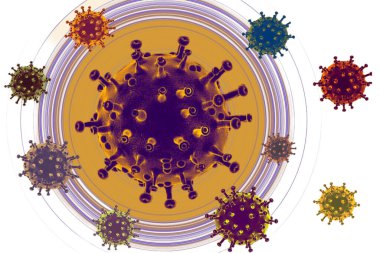 Coronavirus salgını veya covid-19 virüs hücreleri beyaz arka planda izole edilmiş mutasyonlar