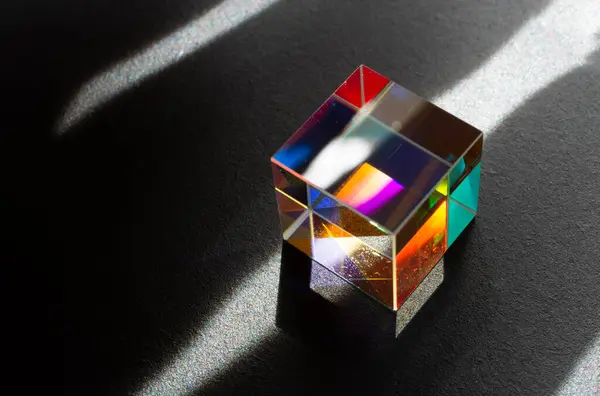 stock image Optical glass cube Light dispersion,spectrum. Physics optics ray refractions