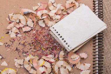 Renkli kalem çöplerinin arasında sarmal defterler