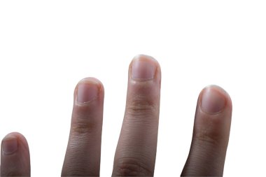 Beyaz arka planda el hareketlerini gösteren bir kadın.