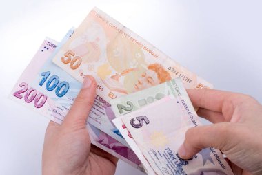 Turksh Lirası banknotlar beyaz arka plan üzerinde tutan el