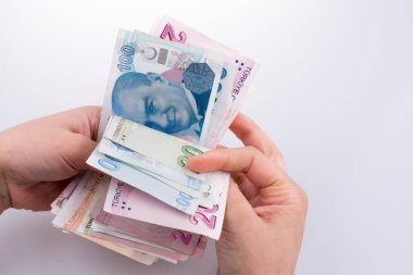 Turksh Lirası banknotlar beyaz arka plan üzerinde tutan el