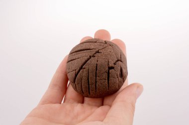 Çikolatalı kurabiye beyaz bir arka plan üzerinde tutan el