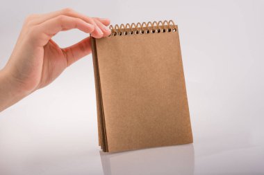 Beyaz arka planda kahverengi spiral bir defter tutuyor.