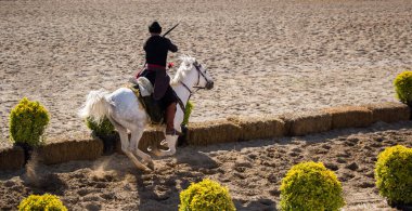 Osmanlı okçusu ata biner ve at sırtında ateş eder.