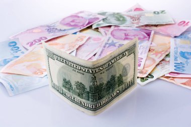 Amerikan Doları banknot ve Turksh Lirası banknot beyaz arka plan üzerinde yan yana
