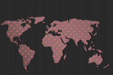 Kalp desenli bir dünya haritası. Kıtalarla dolu bir dünya. Avrupa ve Amerika haritası, Asya ve Avustralya. Web sitesi şablonu için düz dünya haritası şablonu, yıllık rapor, infografikler.