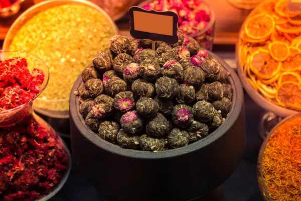 Stock image Market with different types of   tea , herbs, plants and dried flowers